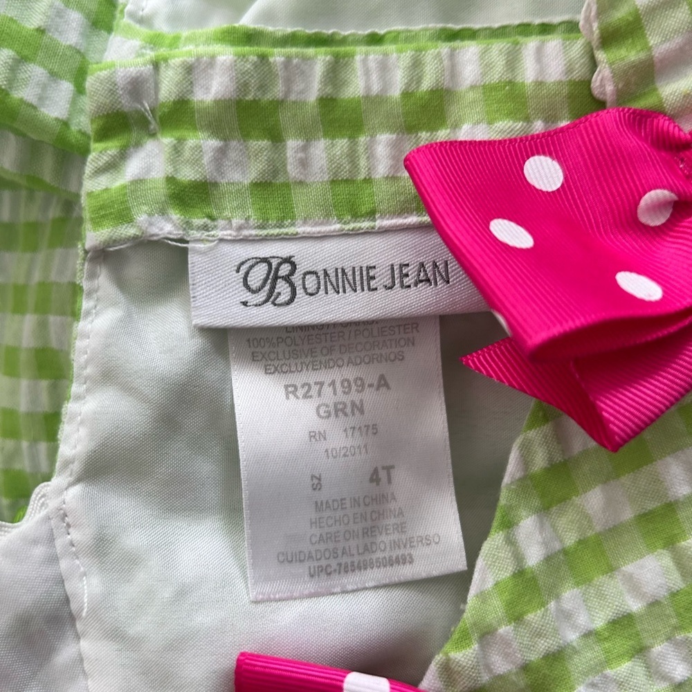 Bonnie Jean Watermelon Green Sheer sucker Checkered Dress Pink Accents 4T - Picture 4 of 6